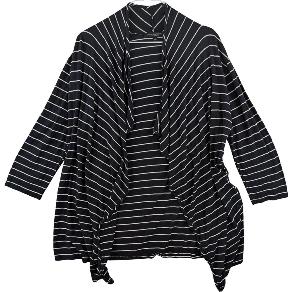 Green Envelope Striped Open Front Cardigan Women Large Navy Blue Draped